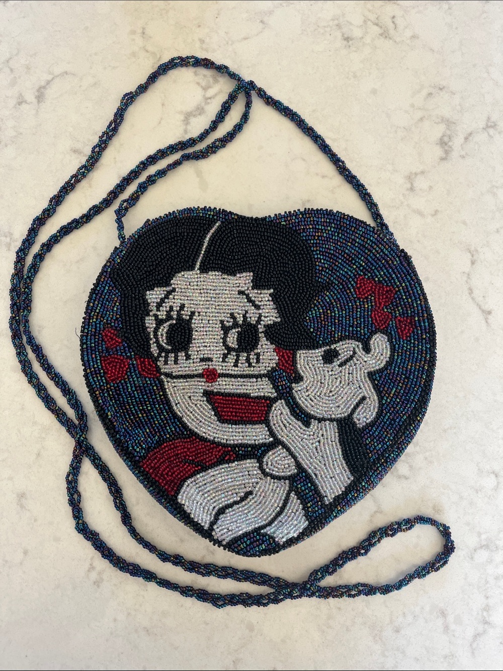 Vintage Beaded Betty Boop w/her dog. Heart Crossbody purse Black, Red, White